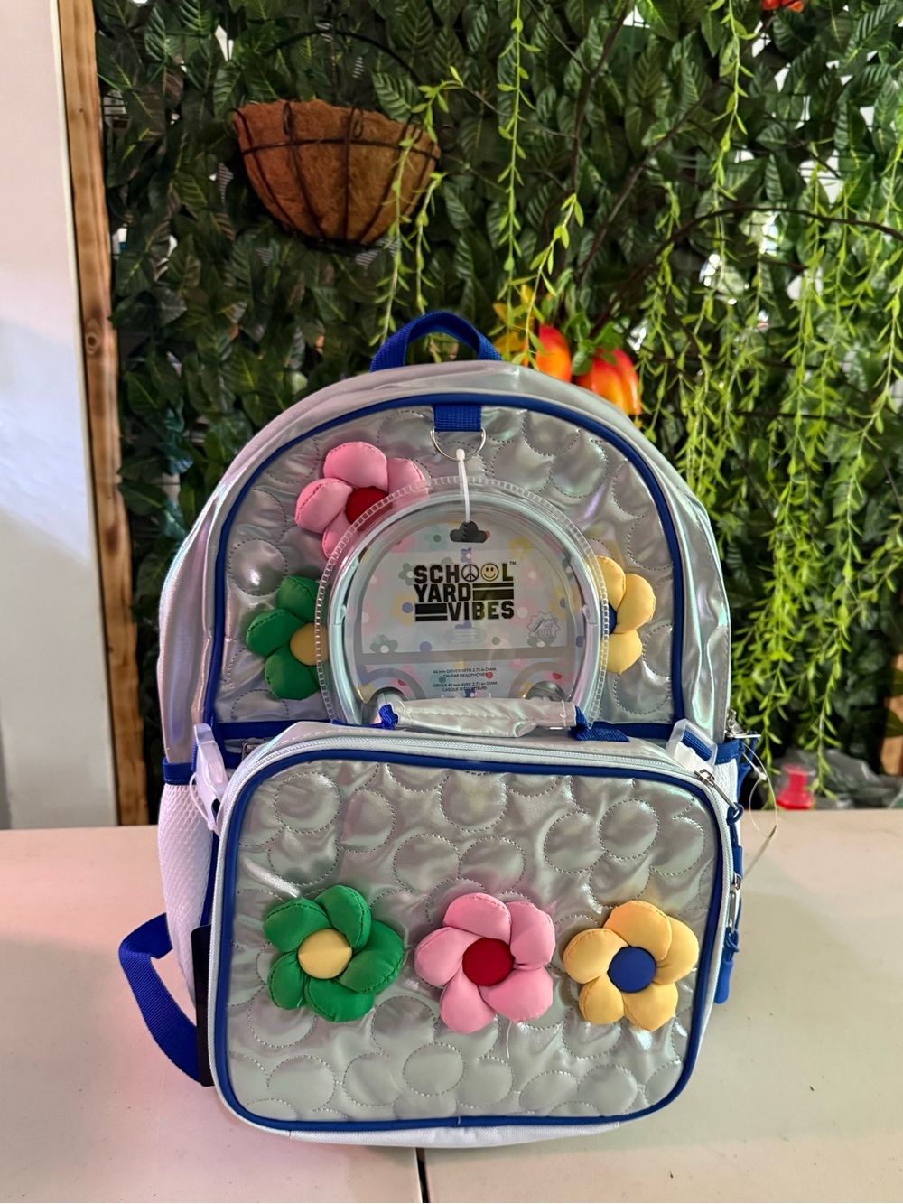 School Yard Vibes Silver Kids Backpack with Colorful Flower Accents